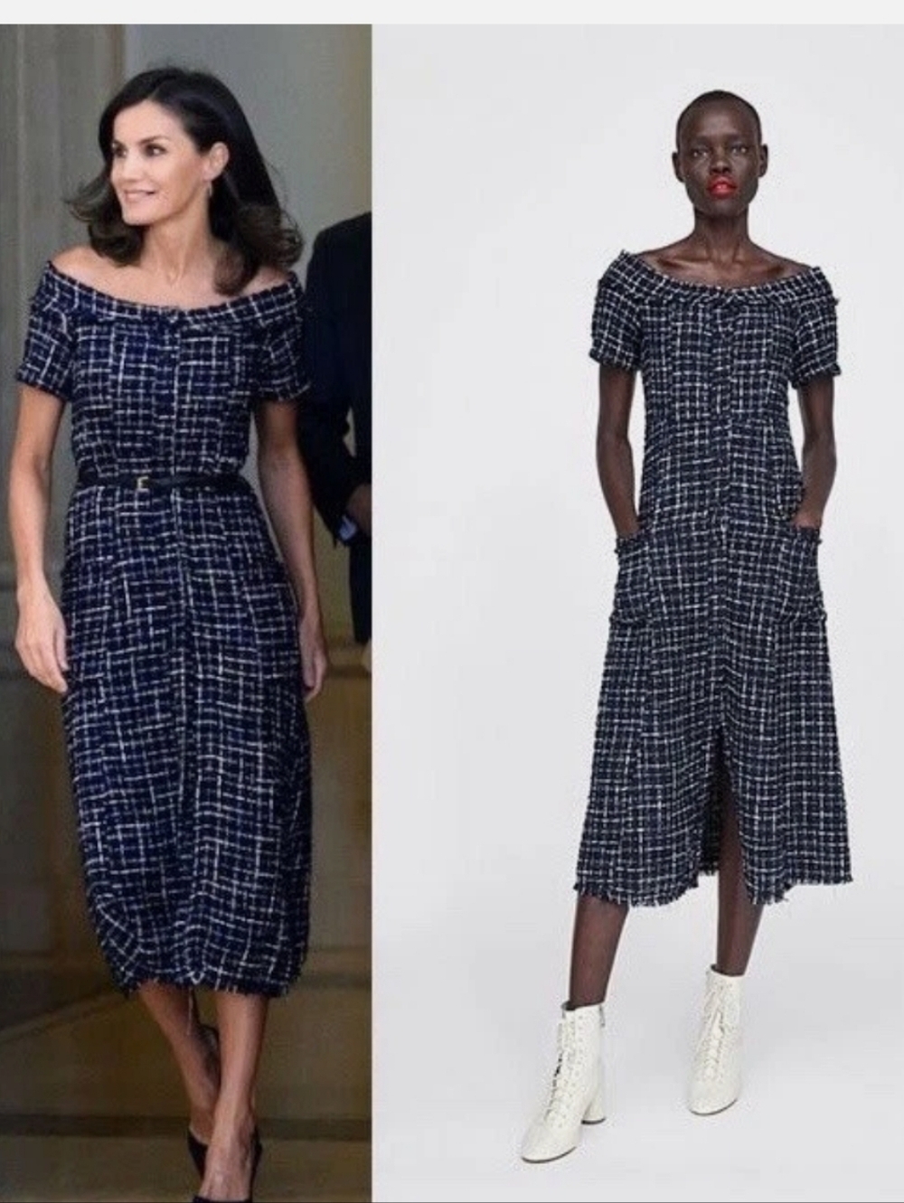 Zara Navy and White Check Off-Shoulder Midi Dress